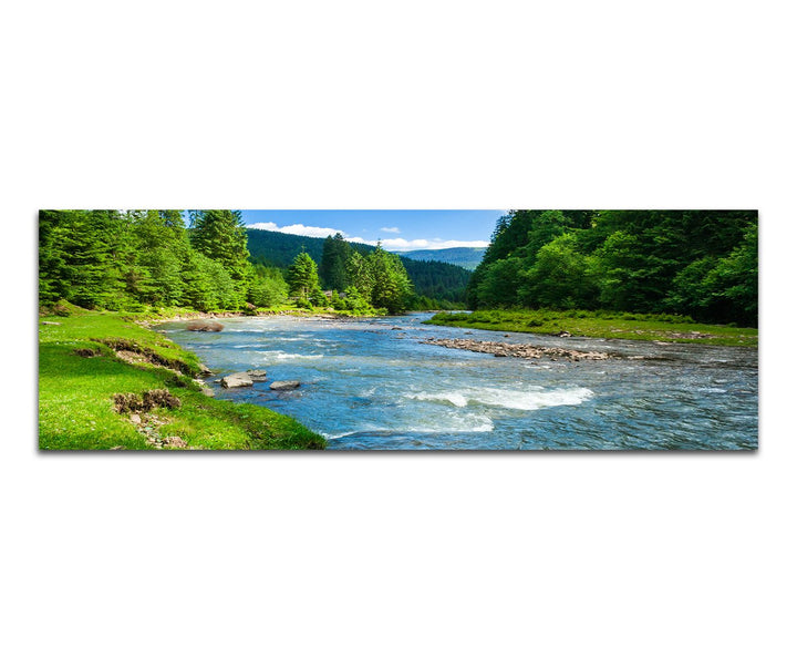 Paul Sinus Art Panoramabild auf Leinwand und Keilrahmen 150x50cm Landschaft Wald Wiese Fluss Himmel