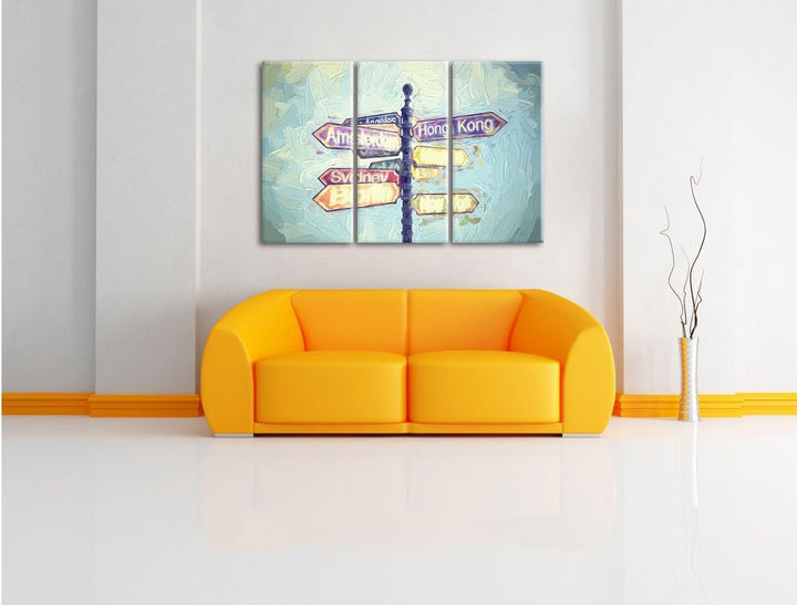 Pixxprint Städte Wegweiser Kunst als Leinwandbild | Grösse: 3 Teilig (120x80) | Wandbild| Kunstdruck