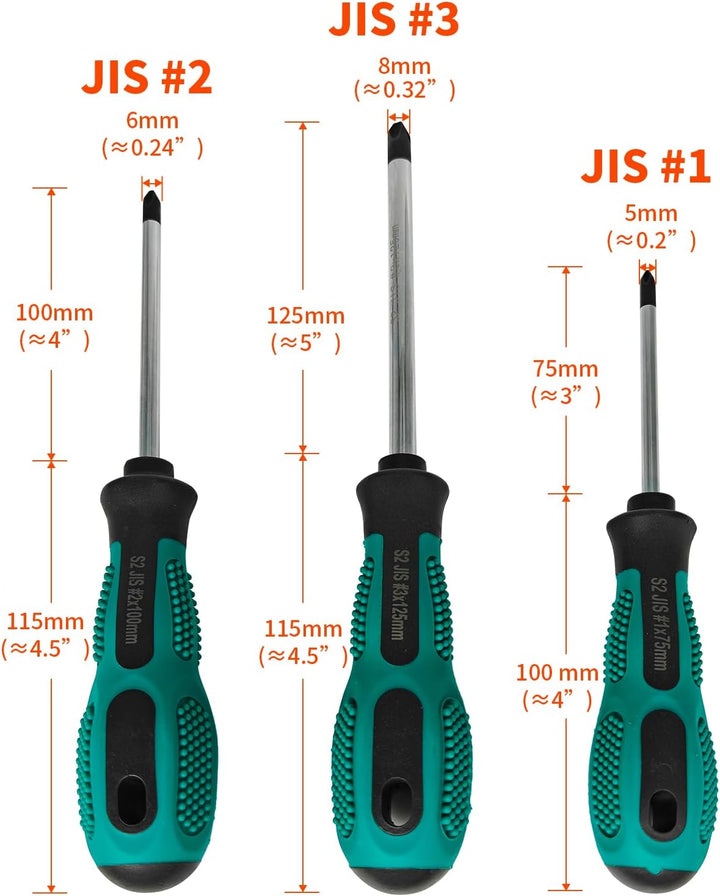 Schraubendreher-Set, JIS-Standard, 3-teilig (#1/#2/#3), S2-Stahl, Magnetische Spitzen, Rutschfeste G