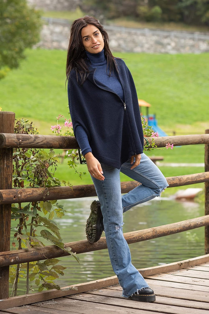 Poncho mit Reissverschluss, Kaschmir-Mischung, doppeltes Garn, für Damen, hergestellt in Italien, Me