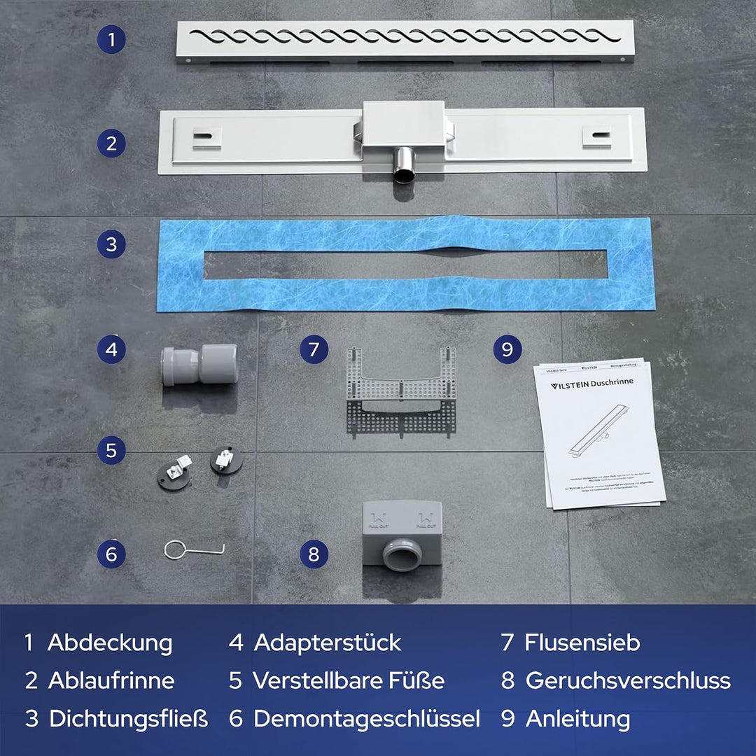 VILSTEIN Duschrinne 90cm, Edelstahl Bodenablauf Komplettset, extra flach, Siphon mit Geruchsstop, Ha