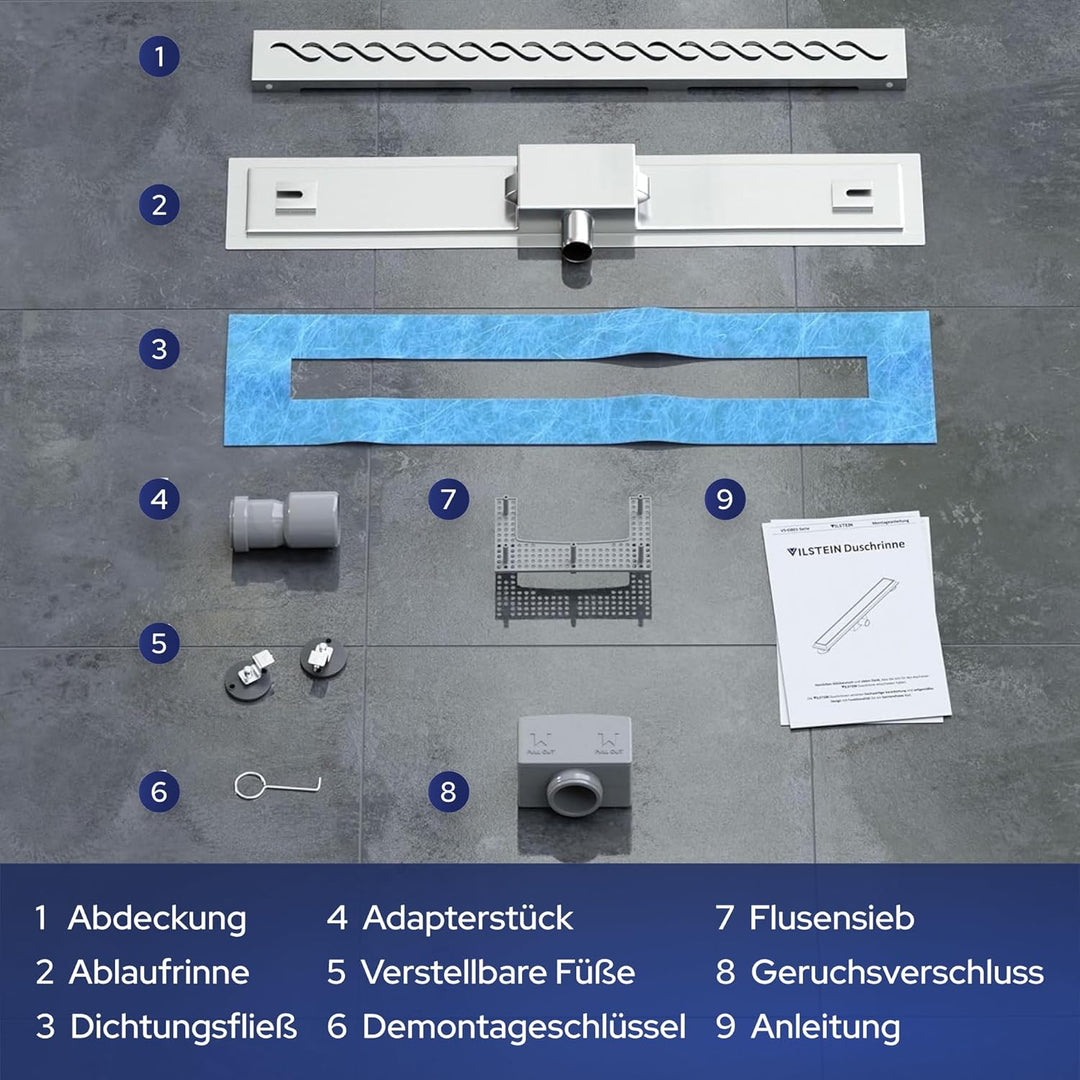 VILSTEIN Duschrinne 70cm, Edelstahl Bodenablauf Komplettset, extra flach, Siphon mit Geruchsstop, Ha