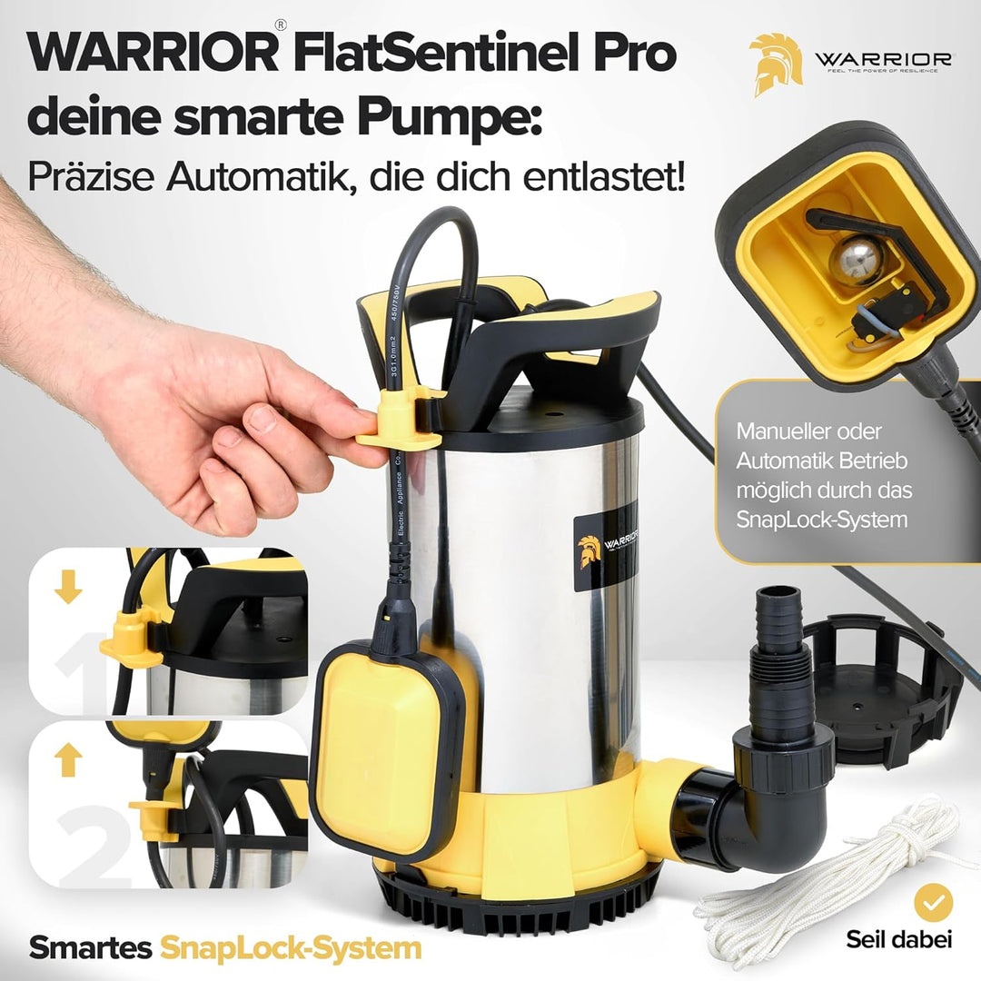 WARRIOR® 3in1 Schmutzwasserpumpe flachsaugend [TESTSIEGER] SentinelFlat Pro 1100W mit SnapLock-Syste