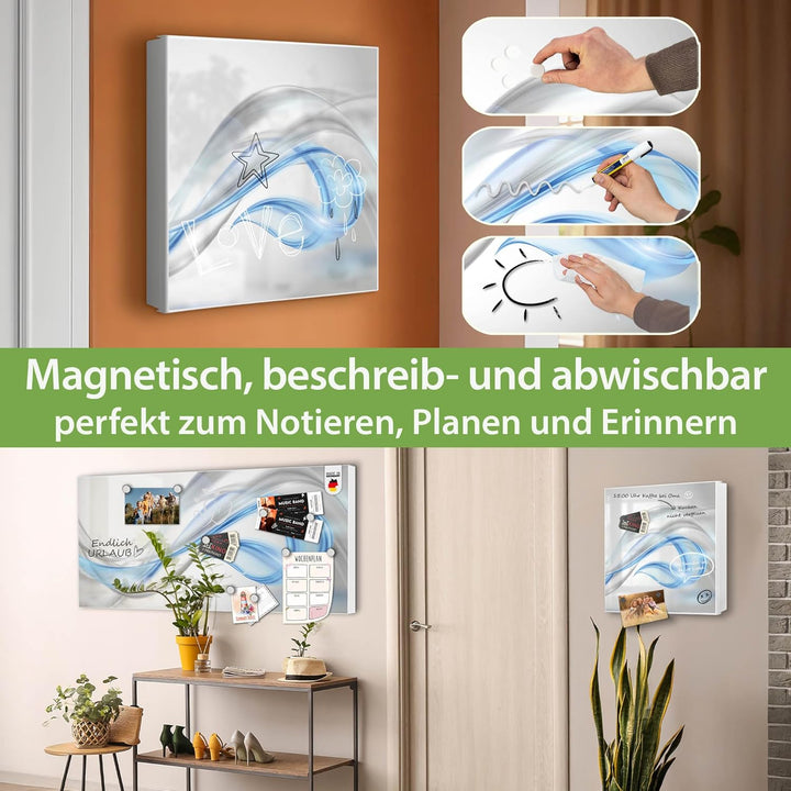 banjado® Grosser Schlüsselkasten Glas/Schlüsselbox 30cm x 30cm mit 50 Haken - Motiv Blauer Schleier/