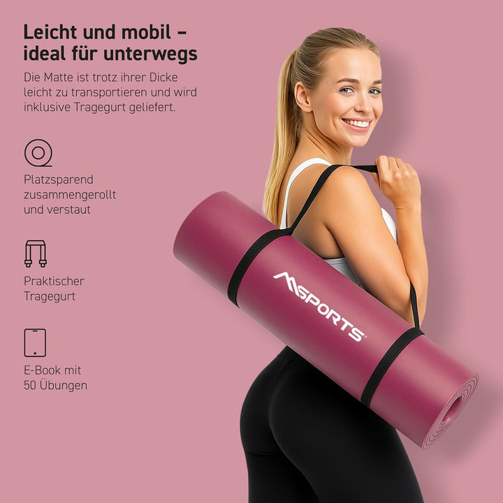 MSPORTS Gymnastikmatte | Yogamatte Premium rutschfest inkl. Tragegurt + Übungsposter + Workout App I