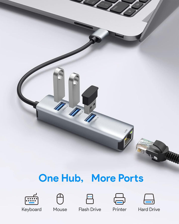 ABLEWE USB-auf-Ethernet-Adapter, 4-in-1 Aluminium USB Ethernet-Adapter mit RJ45 10/100/1000Mbps Giga