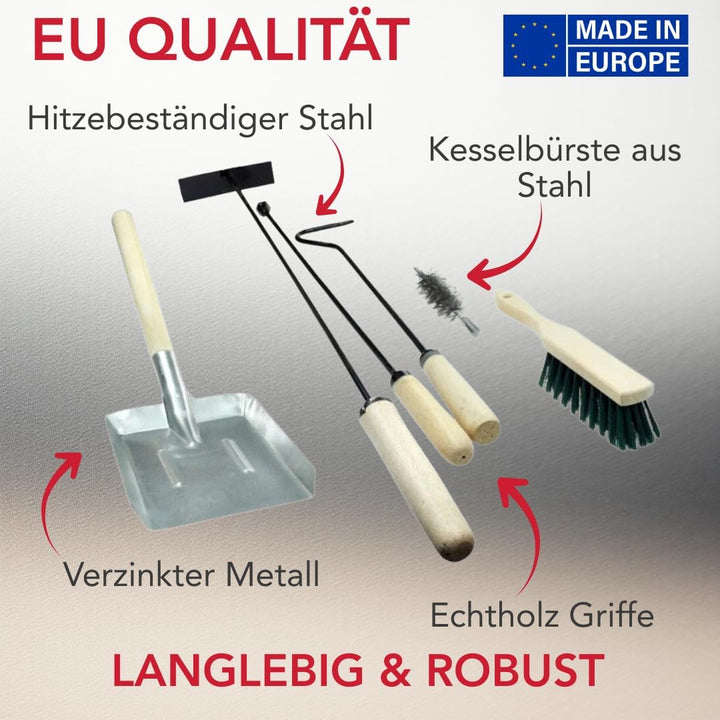6 Tlg. Kaminbesteck: Schürhaken + Besen + Ascheschaber 70cm + Heizkesselbürste mit Schubstange + Koh