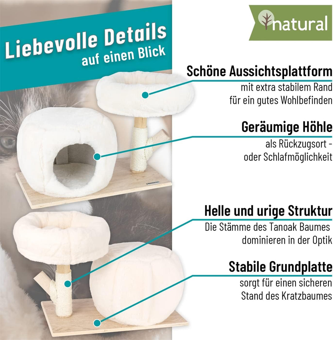 VOSS.pet Flauschiges Katzenhaus Mary 42cm, Premium Kratzbaum mit Naturholz vom Tanoak Baum, Kletterb