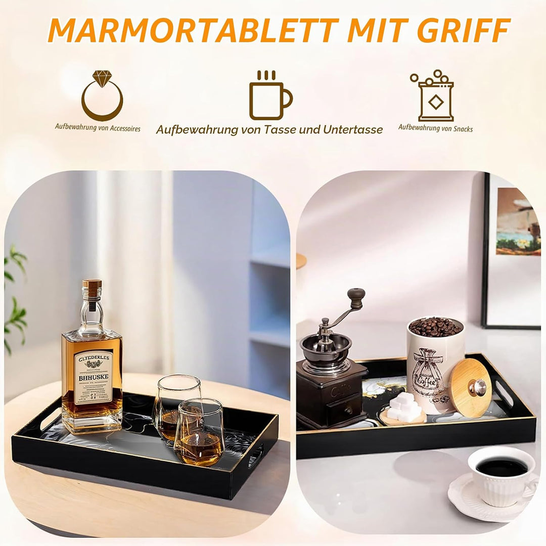 Serviertablett Vintage aus Kunststoff, Rechteckiges Kunst Tablett mit Griffen, Marmor Optik Deko Tab