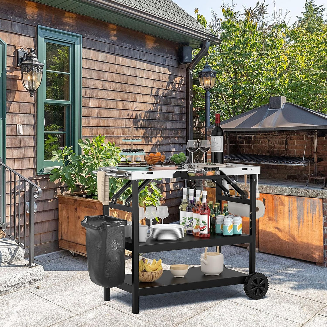 COSTWAY Grilltisch mit 3 Ablagen, Grillwagen mit Verstellbarer Ablage, Telefonständer, Gewürzregal,