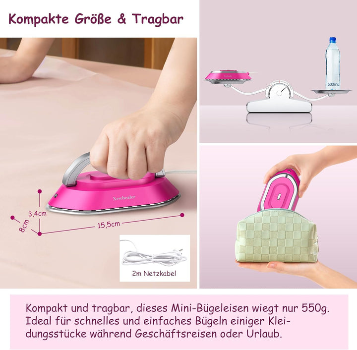 Newbealer Mini Reisebügeleisen mit umschaltbarer Spannung 220V/120V, Kompaktes Bügeleisen für Kleidu