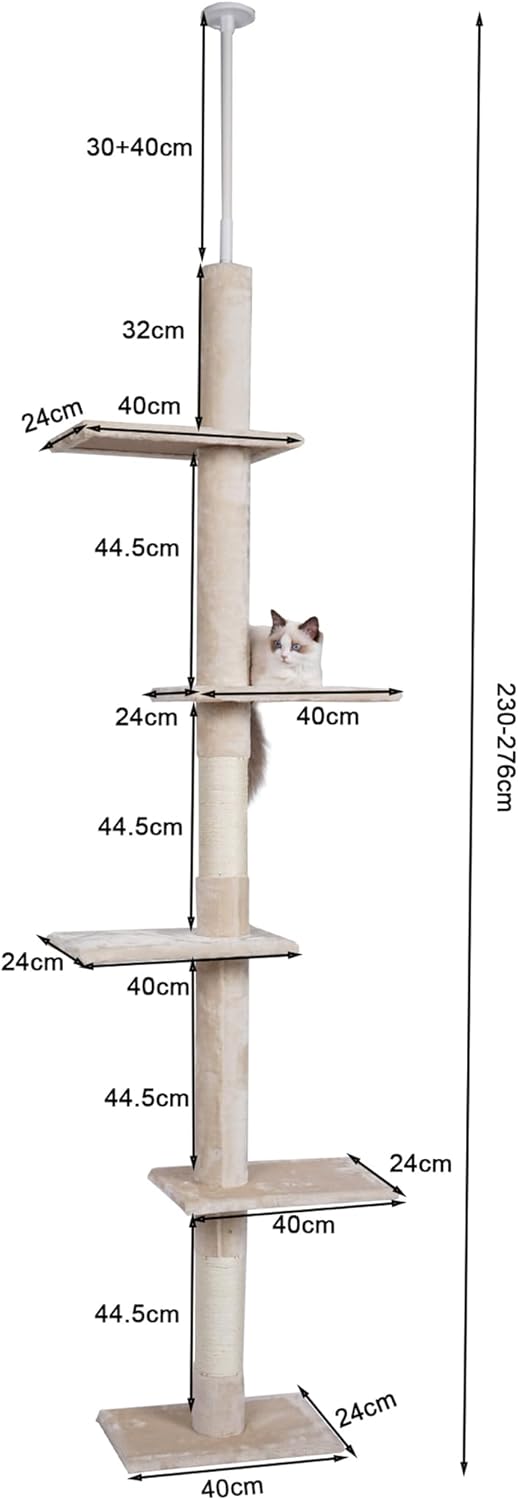 Fudajo Kratzbaum deckenhoch 230–276 cm in Beige, Katzenkratzbaum mit 4 Ebenen, Katzenbaum Deckenspan