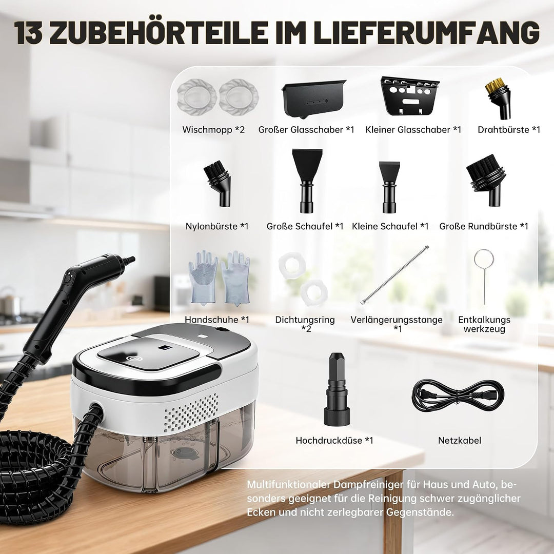Dampfreiniger 2500W, 1600ml, 15s Aufheizzeit, 13 Zubehör, 3 Stufen