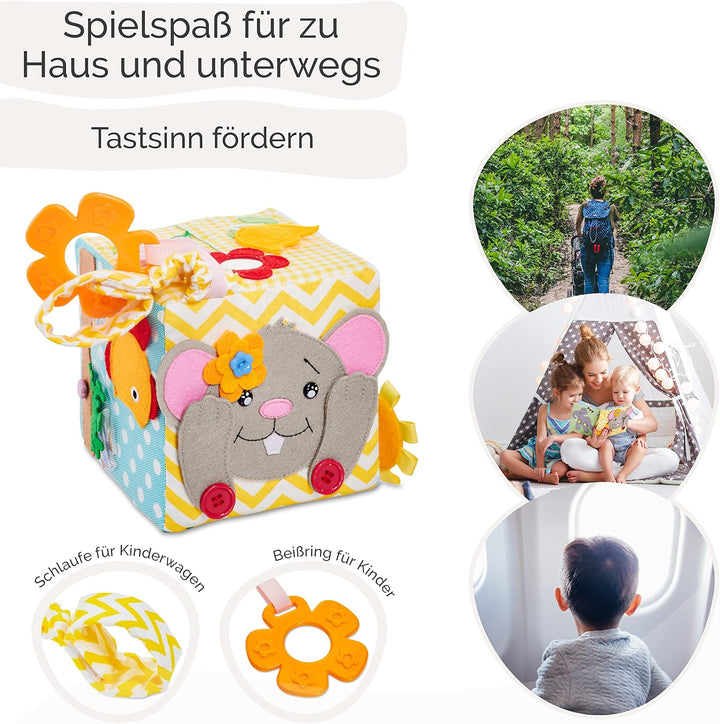 litfant® Original Busy Cube - Maus Mathilda | Der interaktive Motorikwürfel zur Förderung von Motori