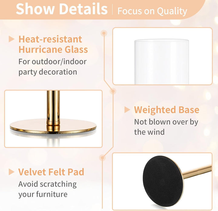 Nuptio Glaszylinder für Kerzen Kerzenhalter Gold: 60 & 55 & 50cm Gross Klarglas Metall Kerzenständer
