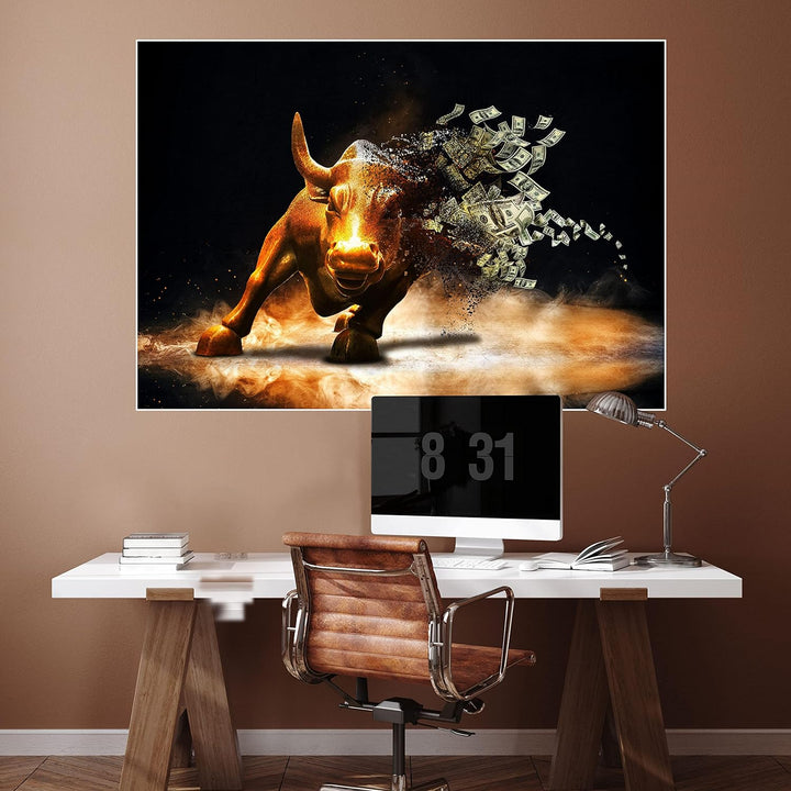 wandmotiv24 Poster als Wanddeko, Grösse 100x70cm, Goldener Stier, Dollar, Geldscheine, Geld, Tier, M