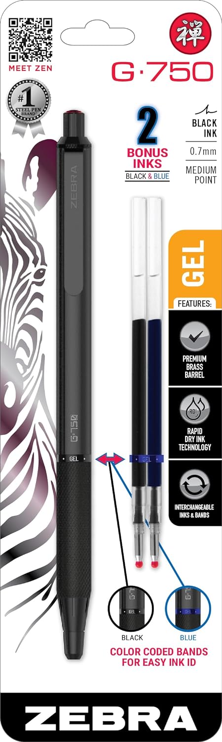 Zebra Pen G-750 Gelschreiber, einziehbar, schwarzer Messingschaft, mittlere Spitze, 0,7 mm, schwarze