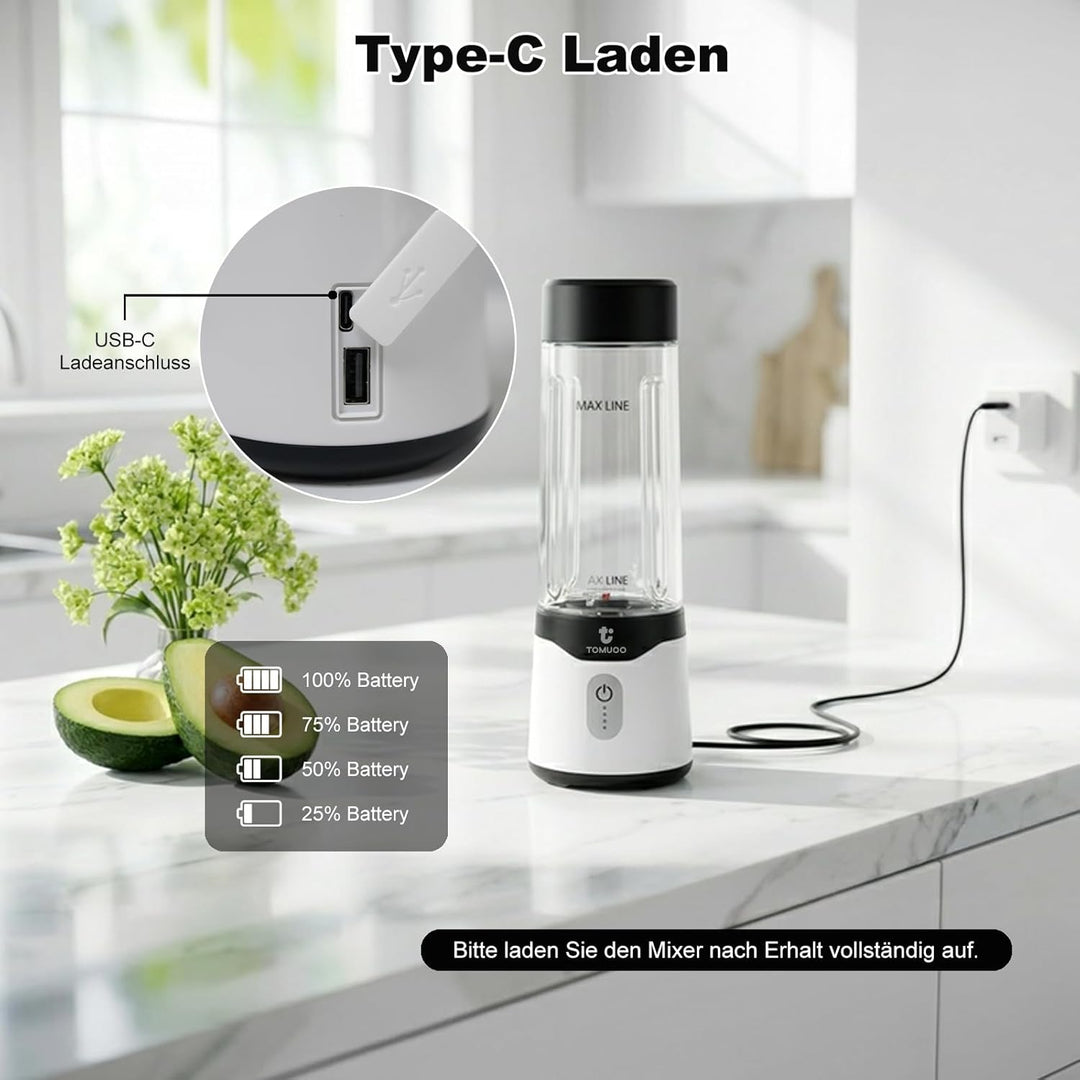 Tragbarer Mixer für Smoothies und Shakes, 520 ml BPA-freier Personal Mixer mit 6 Klingen und USB-C-L