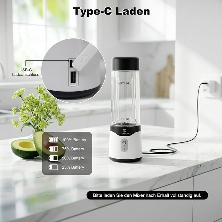 Tragbarer Mixer für Smoothies und Shakes, 520 ml BPA-freier Personal Mixer mit 6 Klingen und USB-C-L