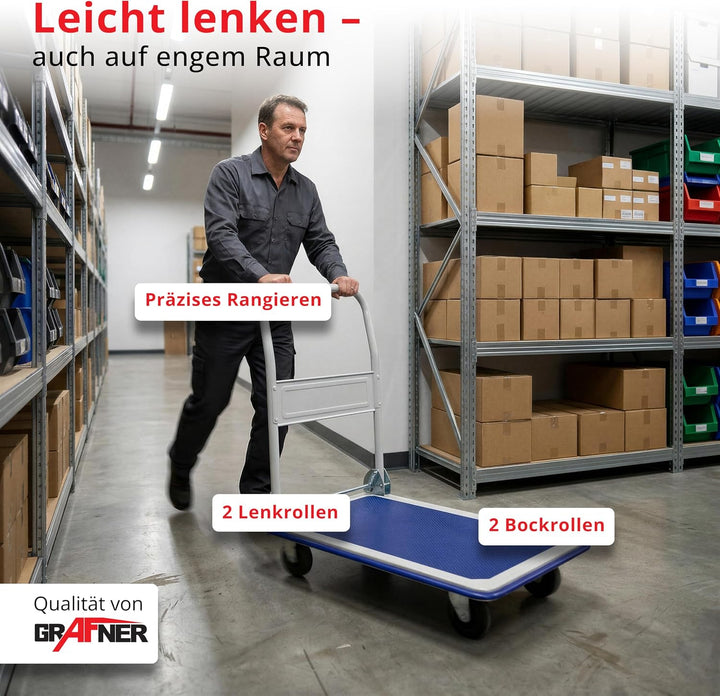 Grafner Industrie Plattformwagen mit pannensicheren Reifen, klappbar, 150 kg Tragkraft, Antirutsch-B