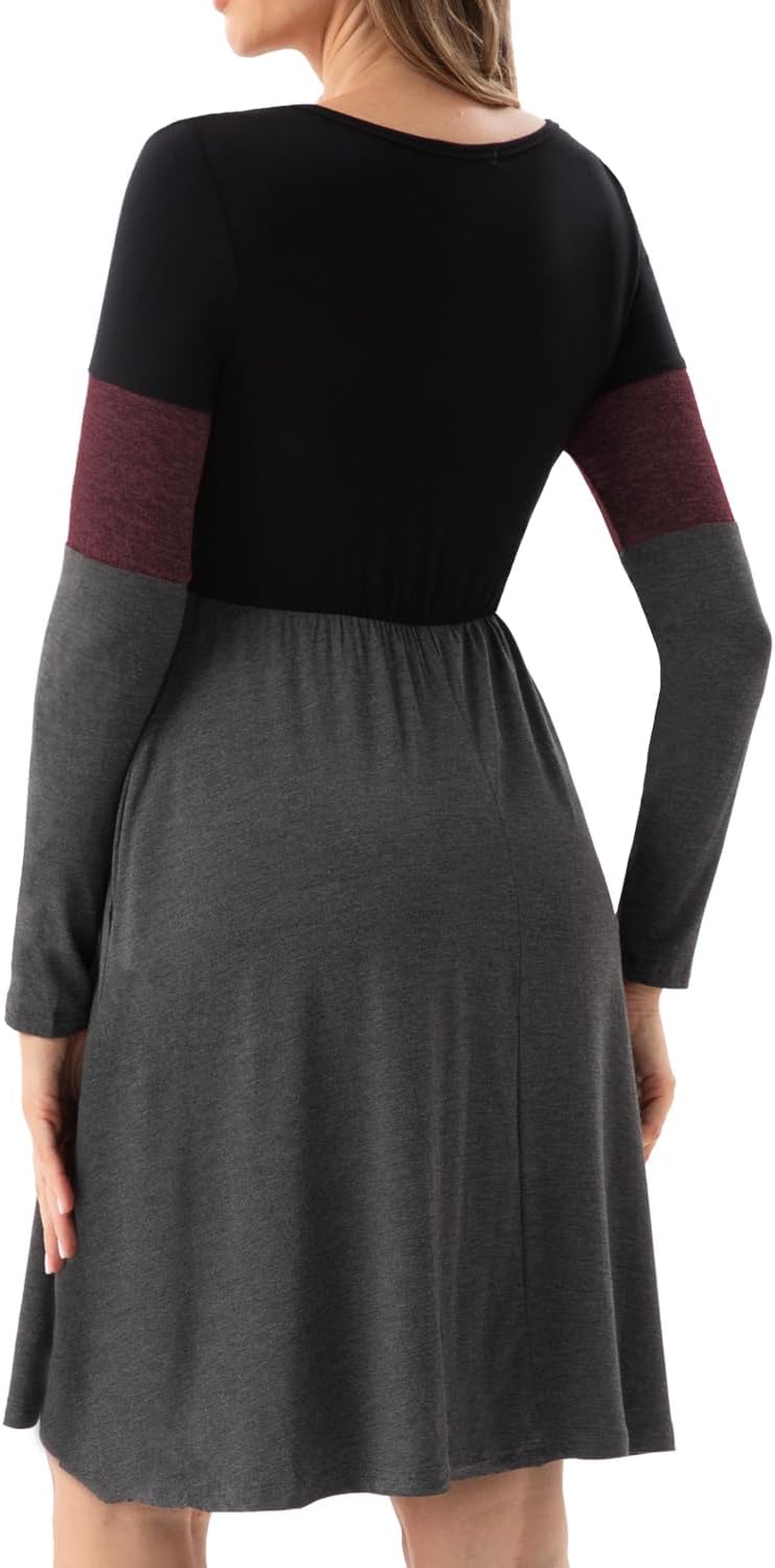 Bearsland Women’s Long Sleeve Maternity Dresses Patchwork Pregnancy Dress with Pocket XXL Barn Red,