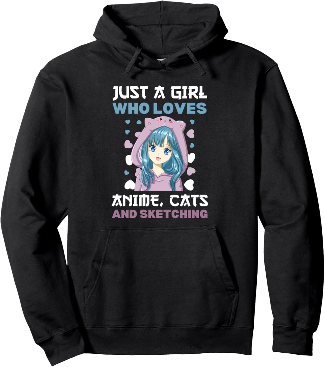 Nur ein Mädchen das Anime und Katzen und Skizzieren Liebt Pullover Hoodie