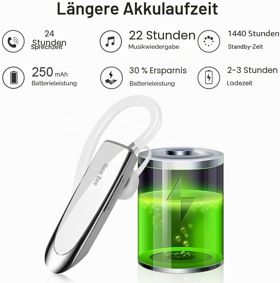 New Bee Bluetooth Headset Wireless Freisprech Telefon | Bluetooth-Headset mit Mikrofon für iPhone Sa