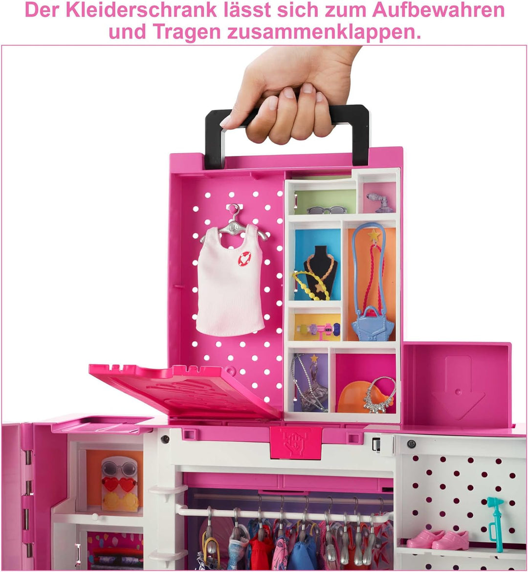 Barbie Traum Kleiderschrank mit Barbie Kleidung und Zubehör, 2 Etagen Wäscheschrank, Arbeitsplatz, S
