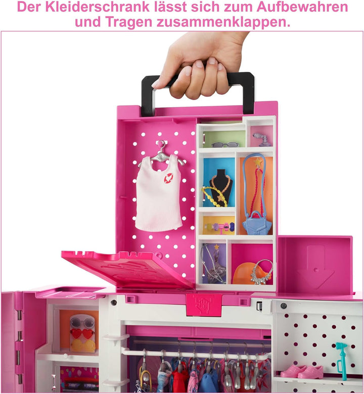 Barbie Traum Kleiderschrank mit Barbie Kleidung und Zubehör, 2 Etagen Wäscheschrank, Arbeitsplatz, S