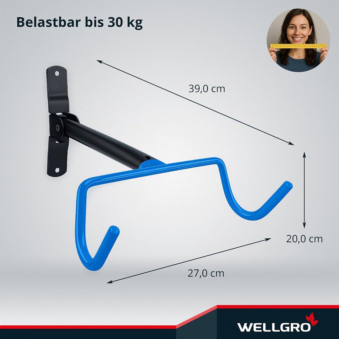 WELLGRO 2x Wand Fahrradhalter - Stahl - Tragkraft bis 30 kg - Wandmontage - Fahrrad Ständer - klappb