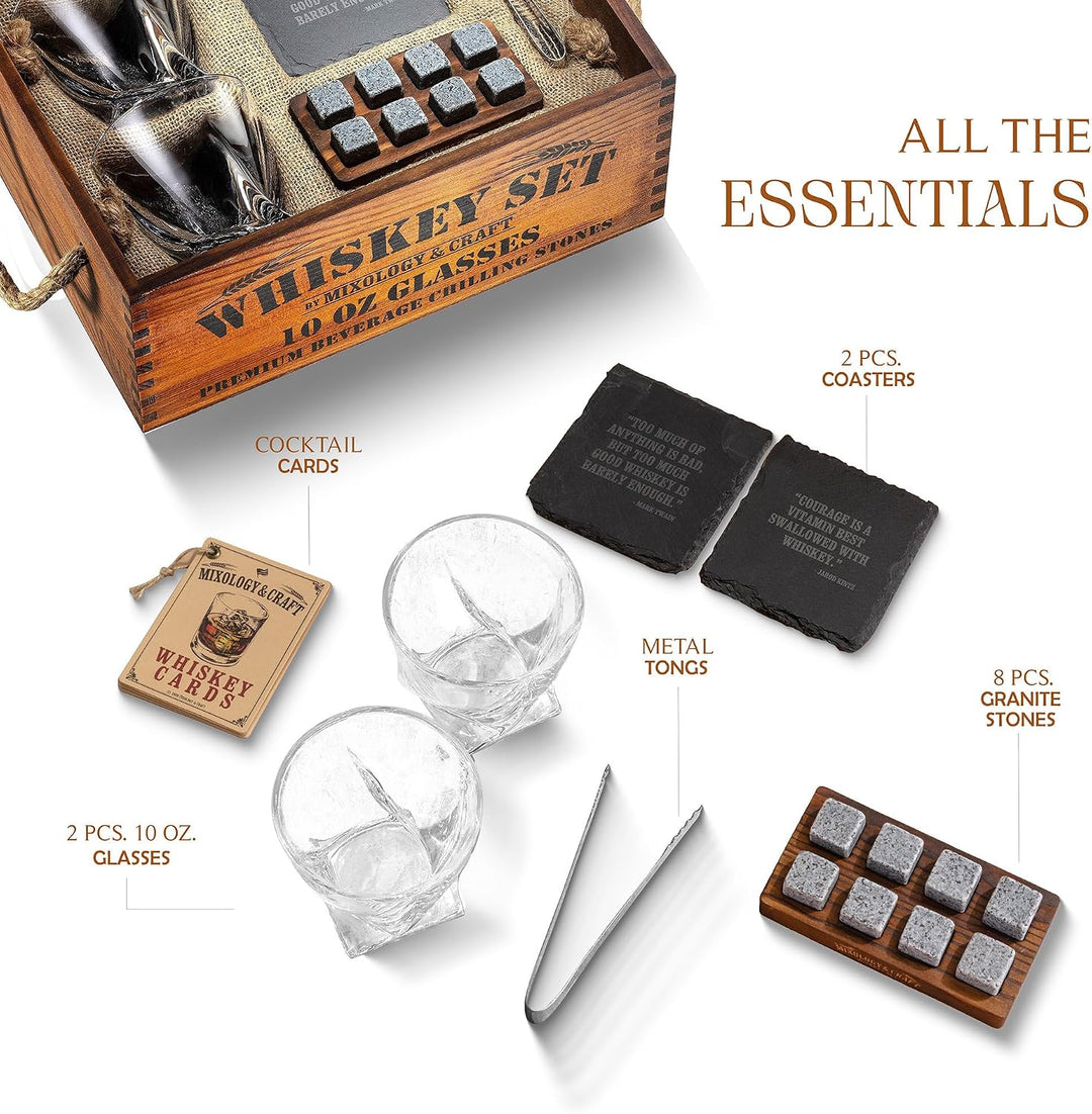 Mixology &amp; Craft Whisky Gläser Geschenkset für Männer &amp; Frauen - 2 Whiskey Gläser, 8 Whisky Steine,