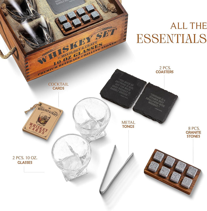 Mixology &amp; Craft Whisky Gläser Geschenkset für Männer &amp; Frauen - 2 Whiskey Gläser, 8 Whisky Steine,