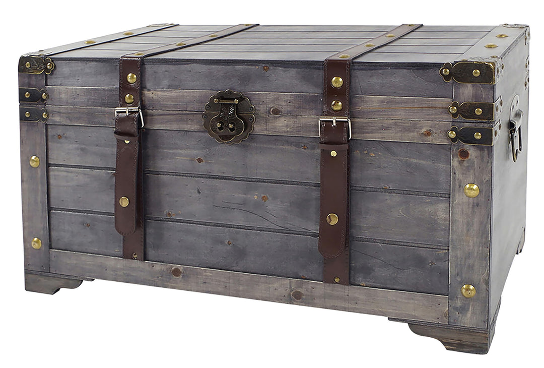 Kobolo Truhe KUBA im Schatzkistendesign aus Holz mit Metall- und Kunstlederapplikationen grau 70x35x