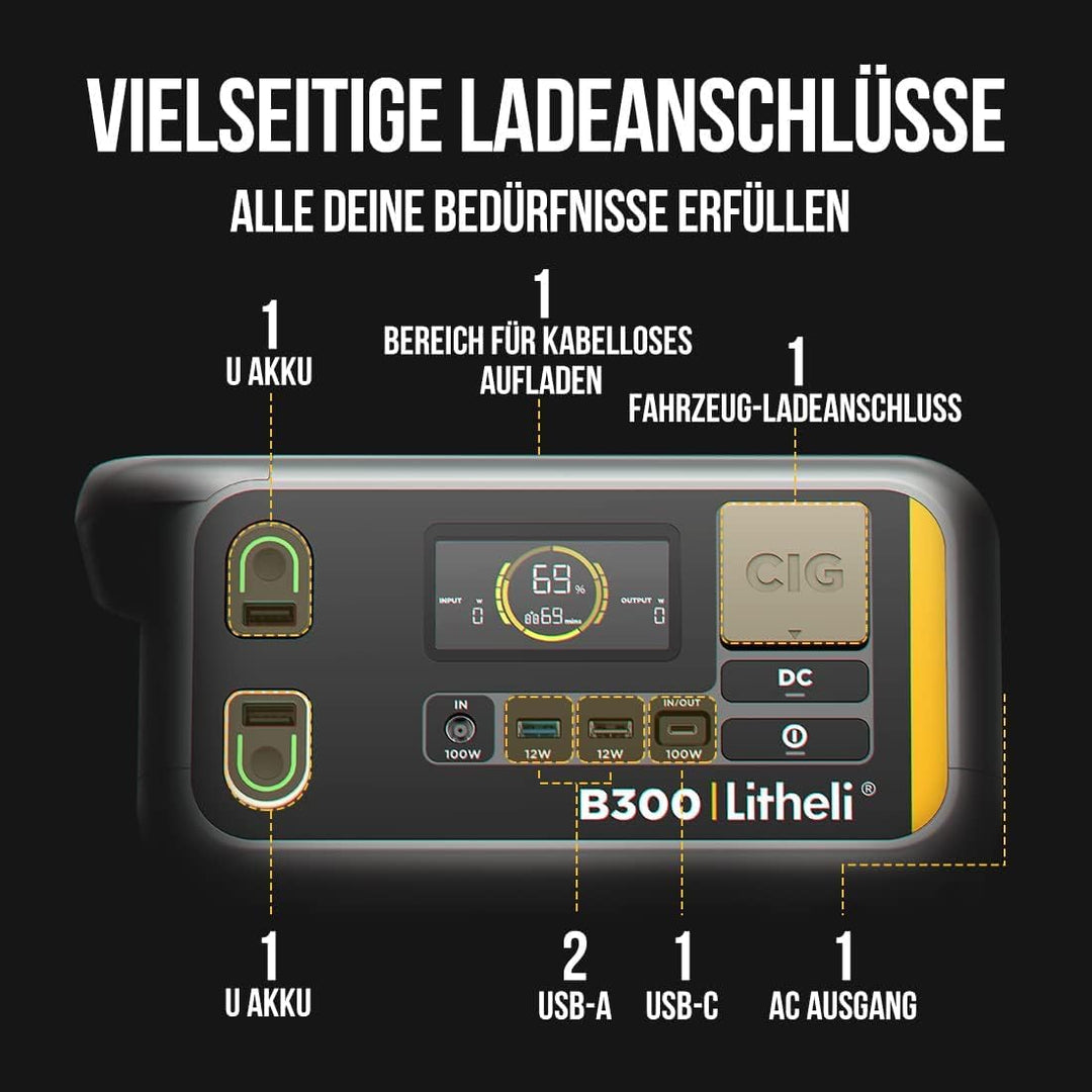 Litheli Tragbare Powerstation B300 336Wh Stromgenerator mit Reinem Sinuswellen-AC-Ausgang, 100W PD S
