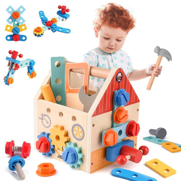 Werkzeugkoffer Kinder – Montessori Werkzeugkoffer Holz –Holzspielzeug Werkzeugkasten für Kinder ab 3