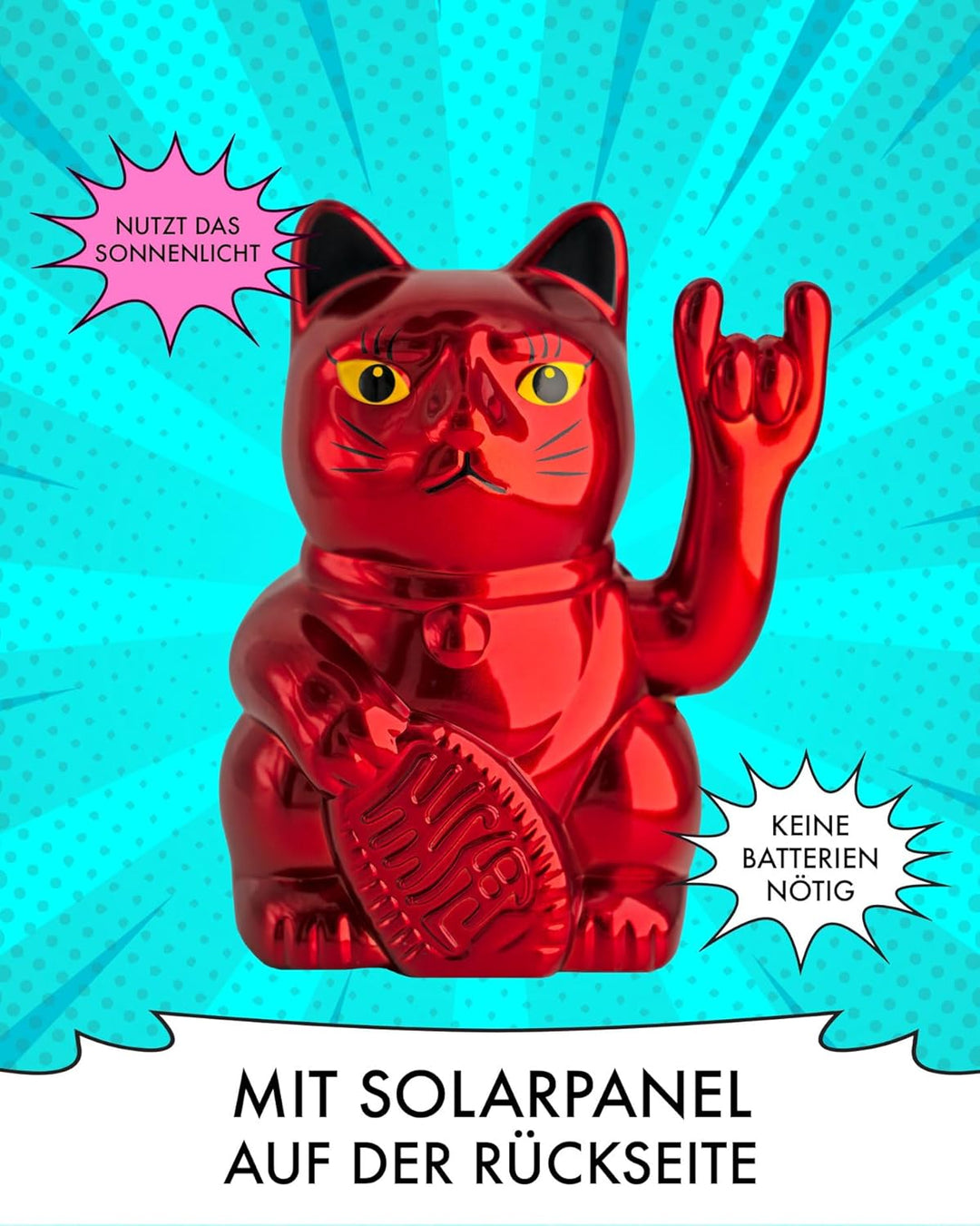ANGRY CAT Mini Winkekatze Lucky CAT - SOLAR betriebe lustige winkende Rock-Katze mit Heavy-Metal-Zei