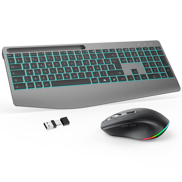 OMOTON Tastatur Maus Set Kabellos – 2,4GHz Ergonomische Tastatur (Space Grau Schwarz-AZERTY), Space