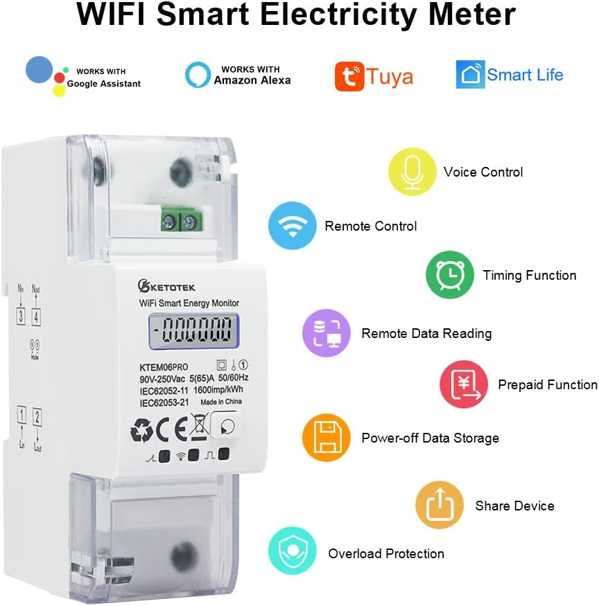 KETOTEK Smart Stromzähler Hutschiene 1 Phasig Bidirektional, Digital Energiezähler WLAN 5(65) A 90-2