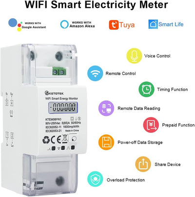 KETOTEK Smart Stromzähler Hutschiene 1 Phasig Bidirektional, Digital Energiezähler WLAN 5(65) A 90-2