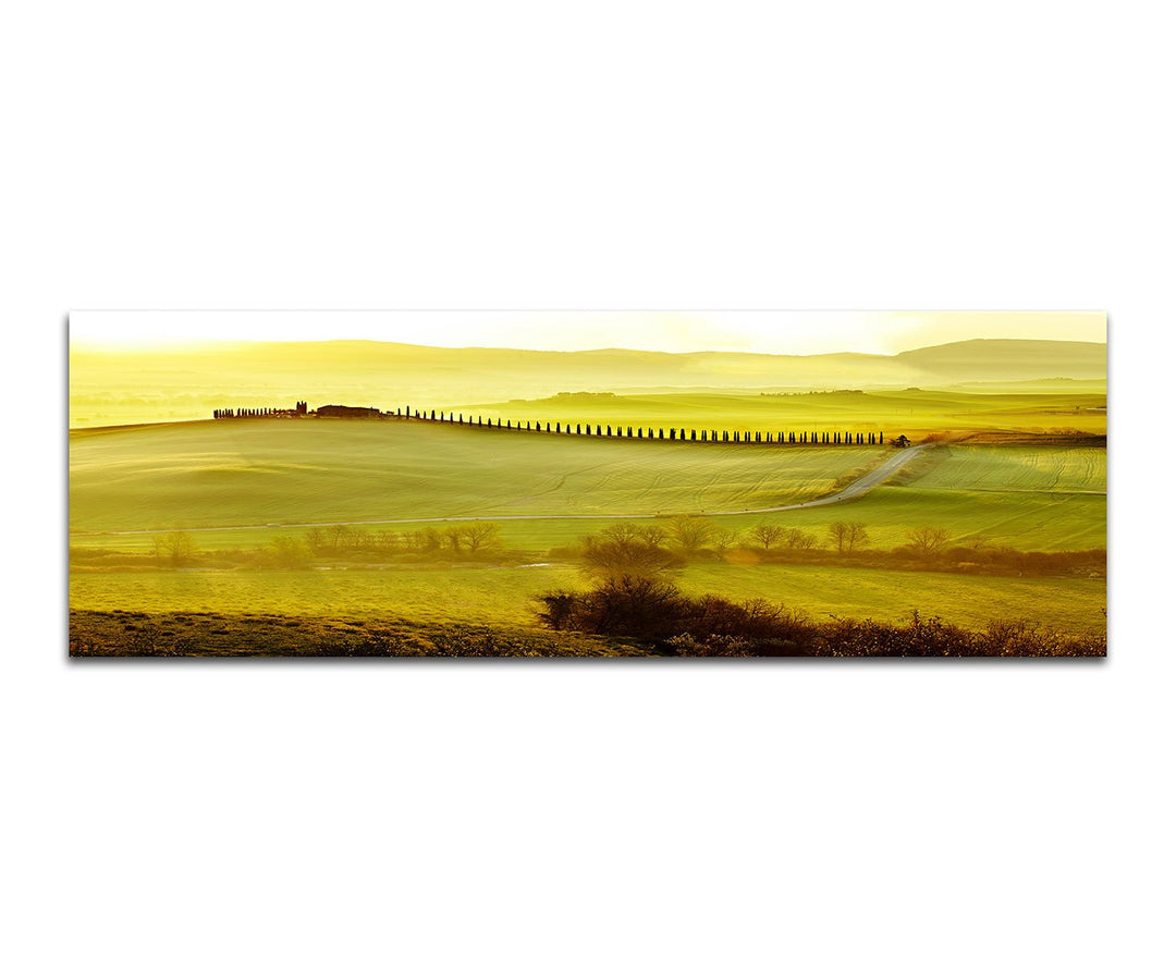 Panoramabild auf Leinwand und Keilrahmen 150x50cm Toskana Strasse Haus Landschaft Morgenlicht