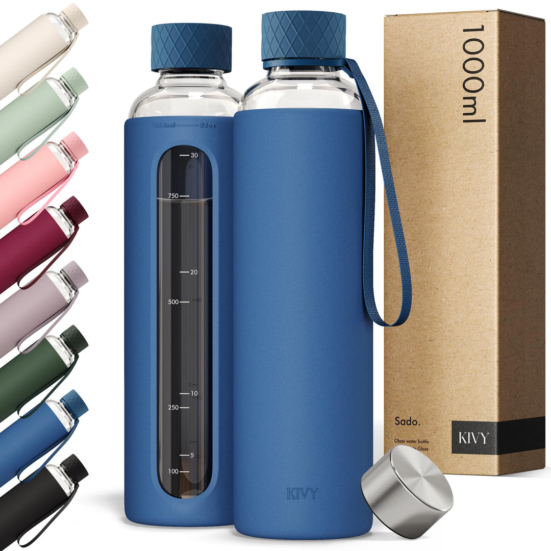 KIVY Glas Trinkflasche 1l mit Silikonschutz [KOHLENSÄURE GEEIGNET] Glasflasche 1 Liter - Wasserflasc
