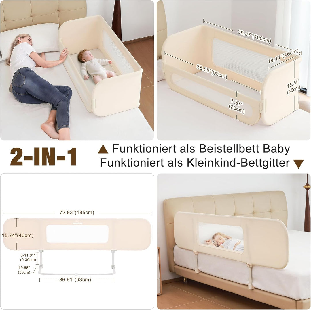 Rausfallschutz Bett Reise 185cm, 2-IN-1 Funktion als Baby Beistellbett und Bettgitter Baby, Rausfall