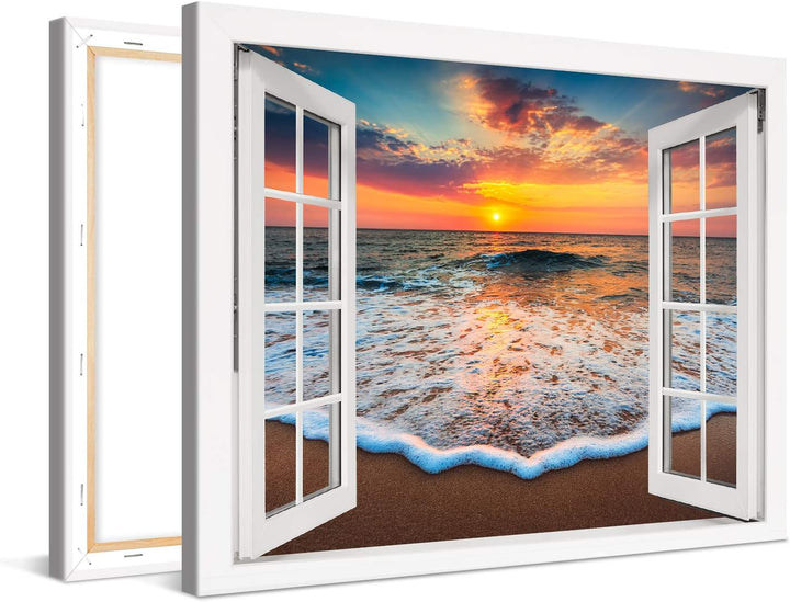 PICANOVA – Bild auf Leinwand Sonnenuntergang am Meer Fenster 80x60cm – Leinwandbild – Premium Leinwa