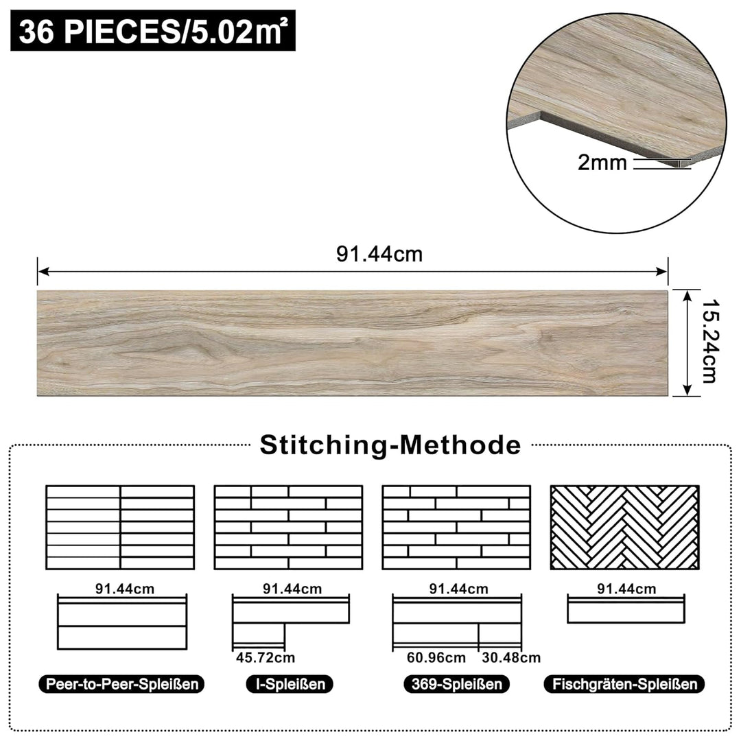 Aufun PVC Bodenbelag Vinylboden Selbstklebend 36 Stück 5.02m², Holzmaserung Bodenfliesen mit Holz-Op