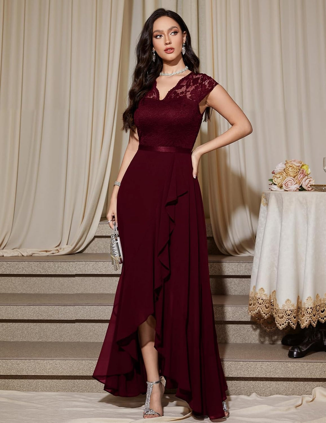 Bbonlinedress Abendkleider elegant für Hochzeit Spitzenkleid Chiffon Hi-Lo Kleid Brautjunferkleid Pa