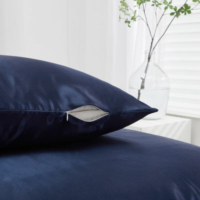 Luowei Bettwäsche Satin 135x200 2teilig Blau Dunkelblau Einfarbig Uni Glatt Glanzsatin Bettwäsche Se