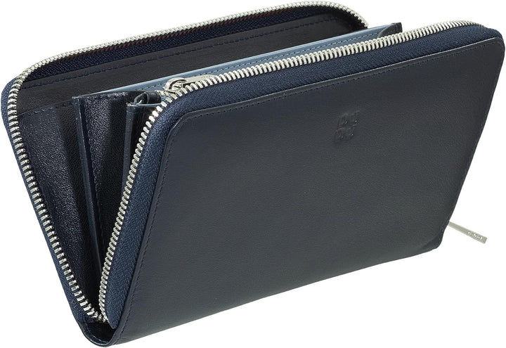 DUDU Grosse Bunte Damenbrieftasche RFID in echtem Leder mit Rundum - Reissverschluss Navy, Navy