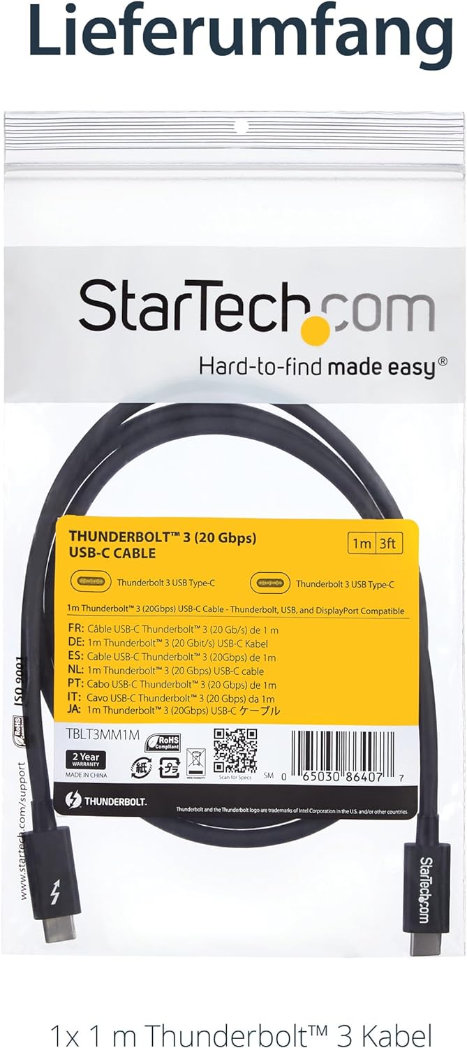 StarTech.com 1m Passives Thunderbolt 3 Kabel, 20Gbps, 100W PD, 4K Video, Thunderbolt Kabel, Kompatib