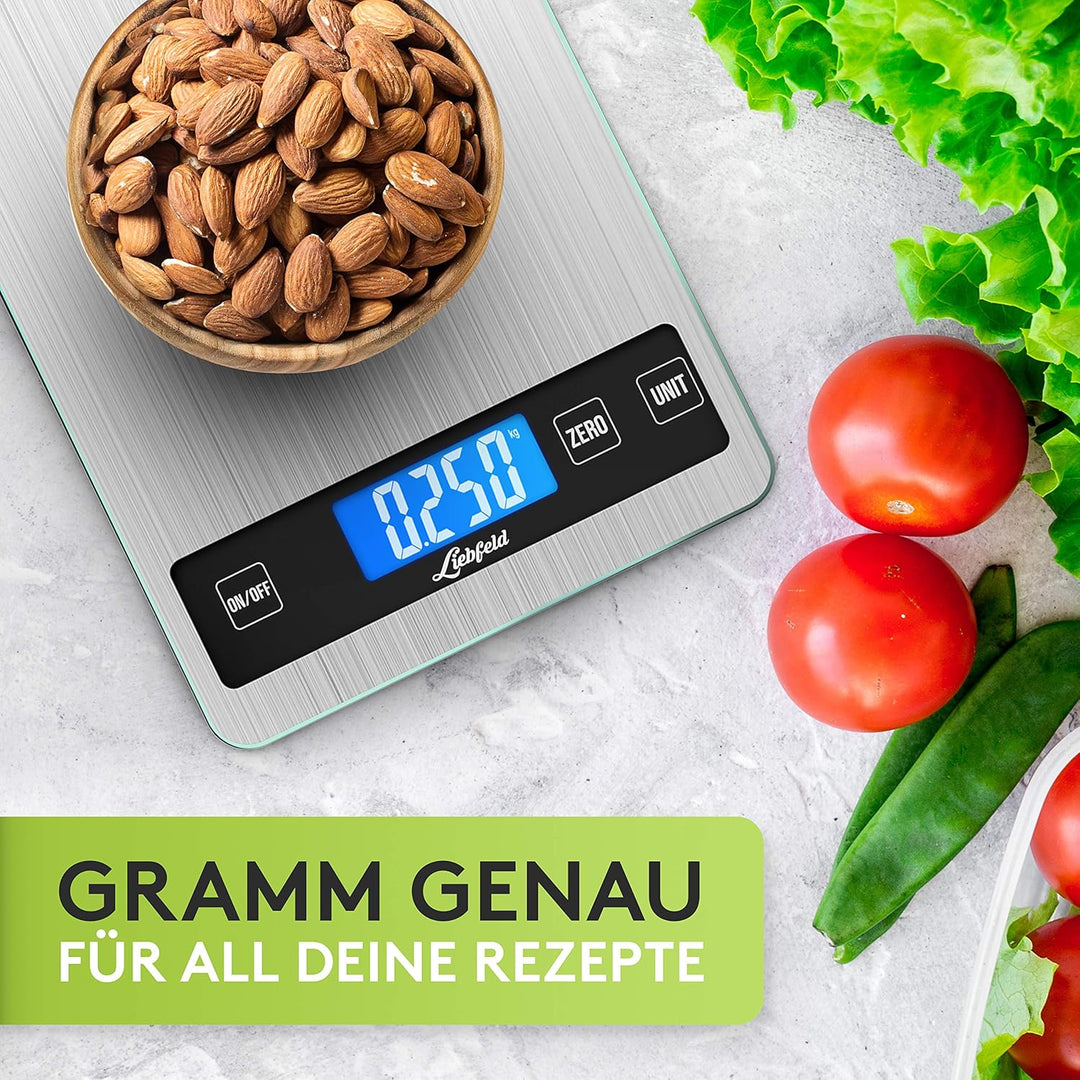 Liebfeld Küchenwaage Digital - Präzise Waage aus Edelstahl u. Glas mit grosser Wiegefläche bis 15kg