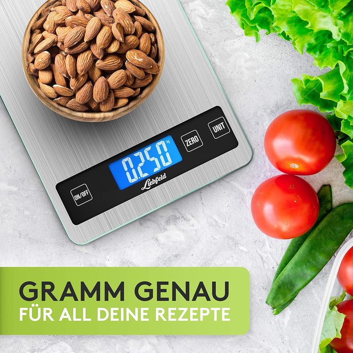 Liebfeld Küchenwaage Digital - Präzise Waage aus Edelstahl u. Glas mit grosser Wiegefläche bis 15kg